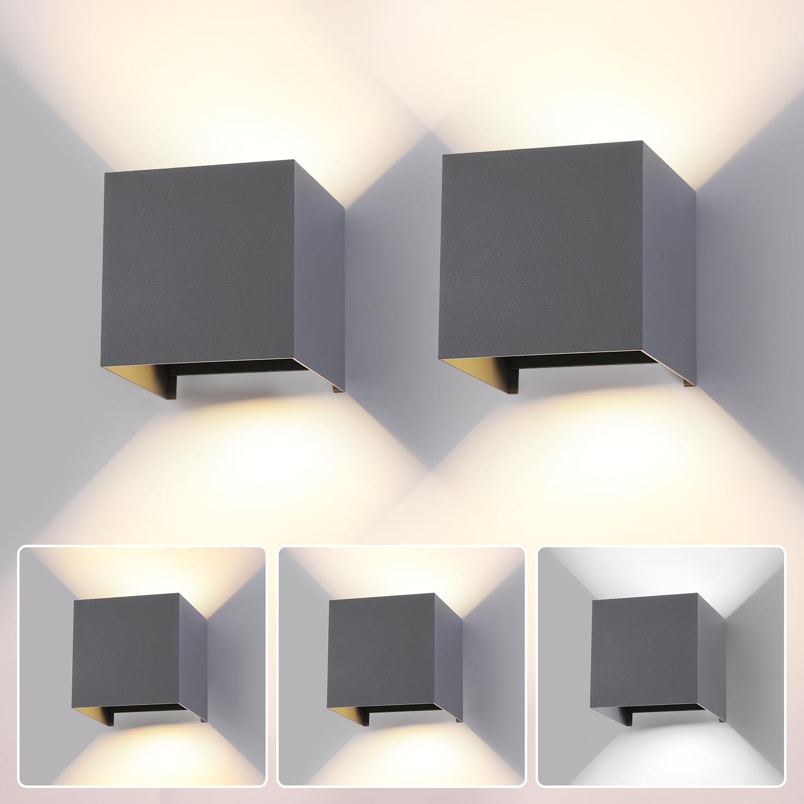 2 Pezzi LED 15W Lampada da Parete Esterno/Interno Regolabile 3 colori Cubo 11CM IP65 Impermeabile Lampade da Esterno Parete Applique Esterni Quadrata Angolo del Fascio Regolabile Moderne Grigio Scuro