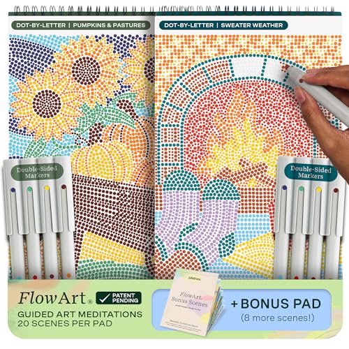 Lifelines FlowArt Activity Pad, 2-Pack Fall Set + Bonus Pad - Guided Dot-by-Letter Art Meditations with Markers - Color by Number/Letter and More Coloring Books for Teens, Adults & Seniors