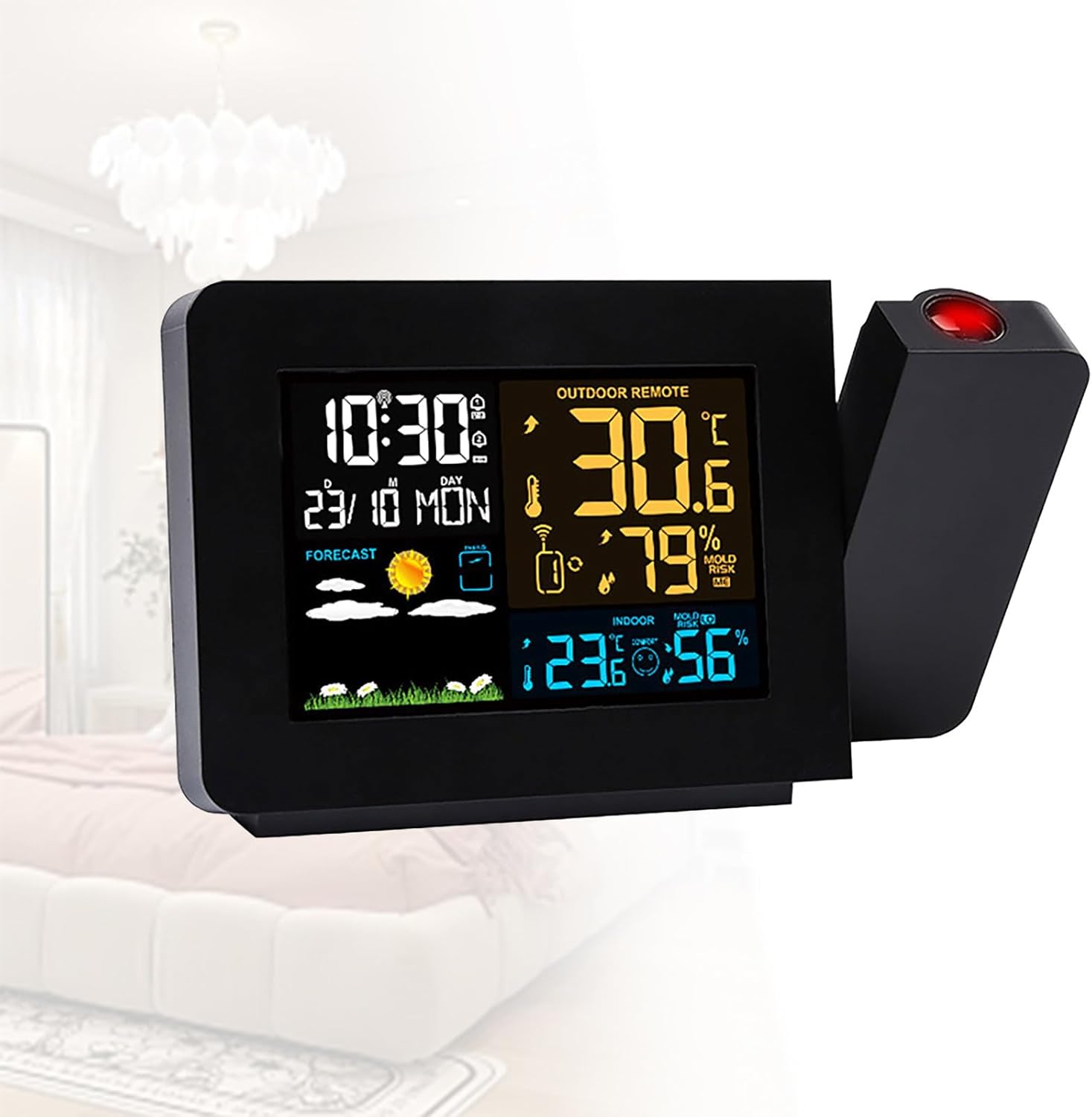 Wireless Weather Station Projection Alarm Clock, with Backlight Colorful Outdoor Weather Sensors, Date Snooze Digital Temperature Humidity Clock