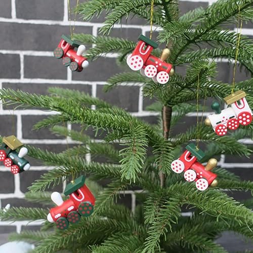 Miniatura 3 de Kisangel Juego de tren de Navidad de madera para decoración de árbol de Navidad, mini tren, decoraciones para colgar en fiestas de Navidad, 12 piezas