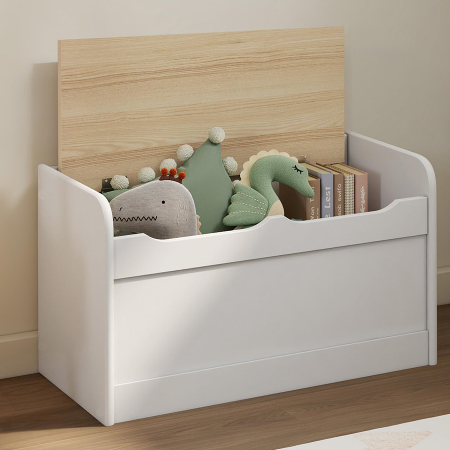 IDMarket - Banc Coffre de Rangement Enfant Logan 60 cm en Bois Blanc et hêtre