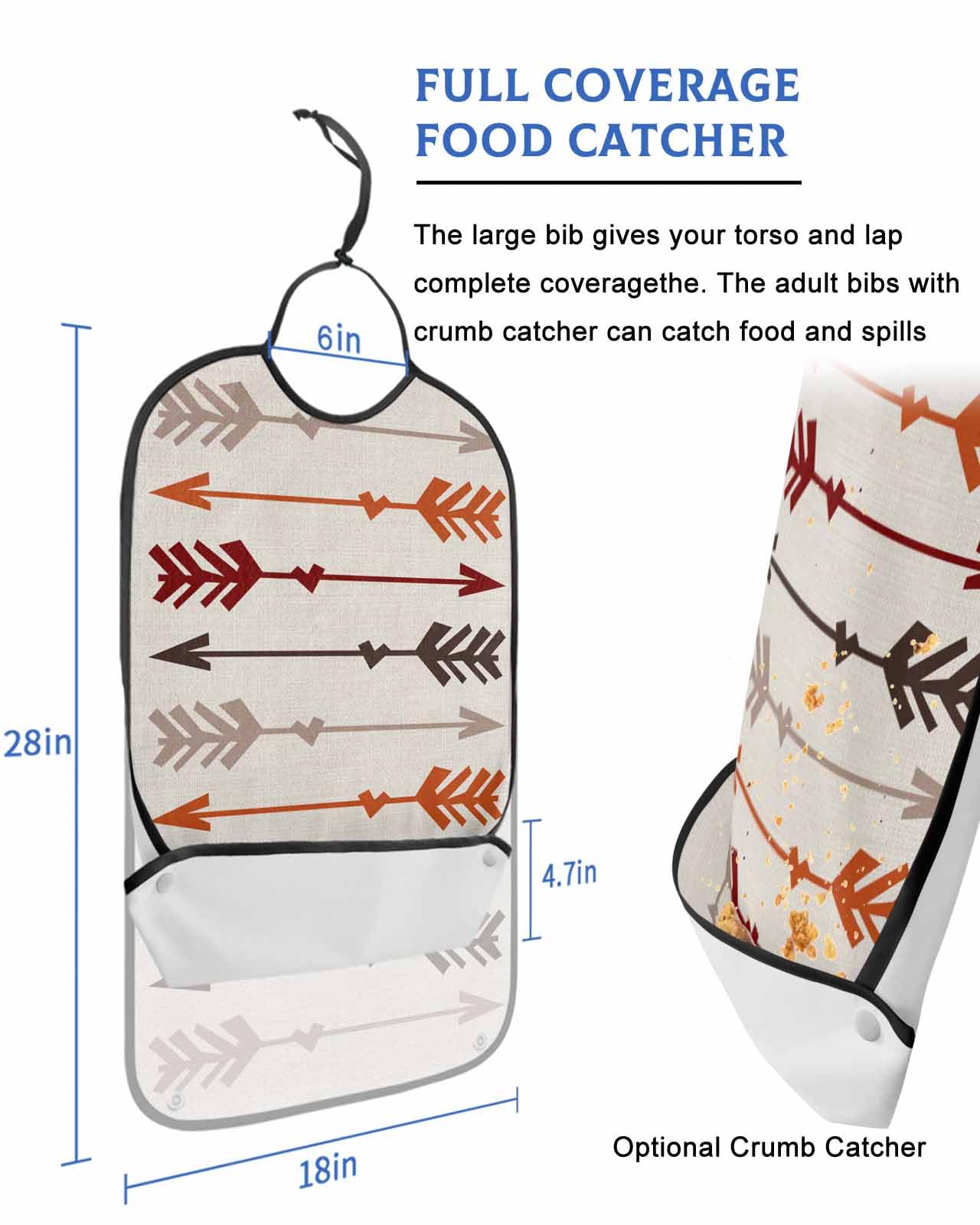 LEOKOTI Orange Red Brown Arrow Adult Bibs for Eating, Waterproof Bibs with Food Catcher & Adjustable Snap Closure, Boho Ethnic Farmhouse Washable Clothing Protectors Adult Bibs for Elderly Women/Men