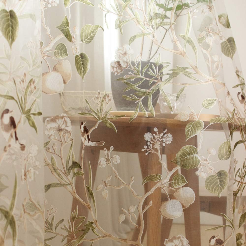 1 Panel Farmhouse Birds Curtains 63 Inches Length Grommet Half Light Blocking Green Tree Pattern for Living Room Vintage Floral Print Window Drapes for Sliding Glass Door Home Decor W55 X L63 Inch