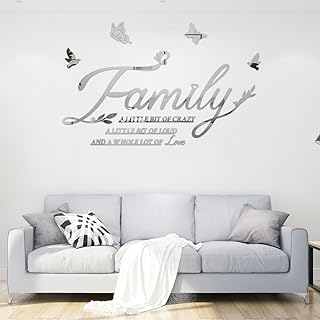 Family Letter Acrylic Wall Stickers, 3D Silver Self Adhesive Removable Wall Decal Set, DIY Butterfly Mural Art Wall Decoration for Bedroom Home Sofa TV Decor Background - Buy now