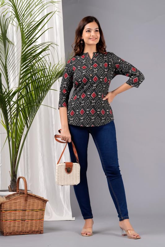 Image of Women's Cotton Printed Kurta Top | 3 /4 Sleeve Straight Kurti Casual Outings