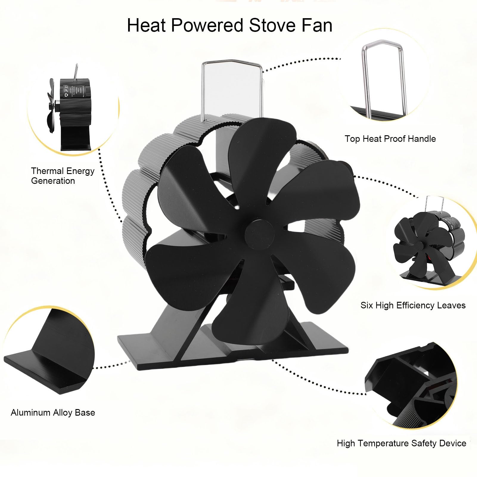Yosoo Health Gear Ventilatore per Stufa a Legna Alimentato a Calore, Ventilatore Termico Non Elettrico a 6 Pale con Protezione Dal Surriscaldamento, Design Oscillante e Termometro