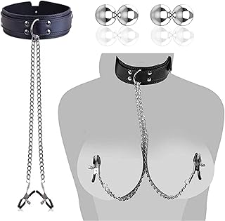 BDSMYEE Pinces à Tétons Réglable Bondage Collier + 4 Métal Pinces à Tétons, Pinces à Seins avec Chaîne Sextoys Adultes pour Femmes Hommes Couples