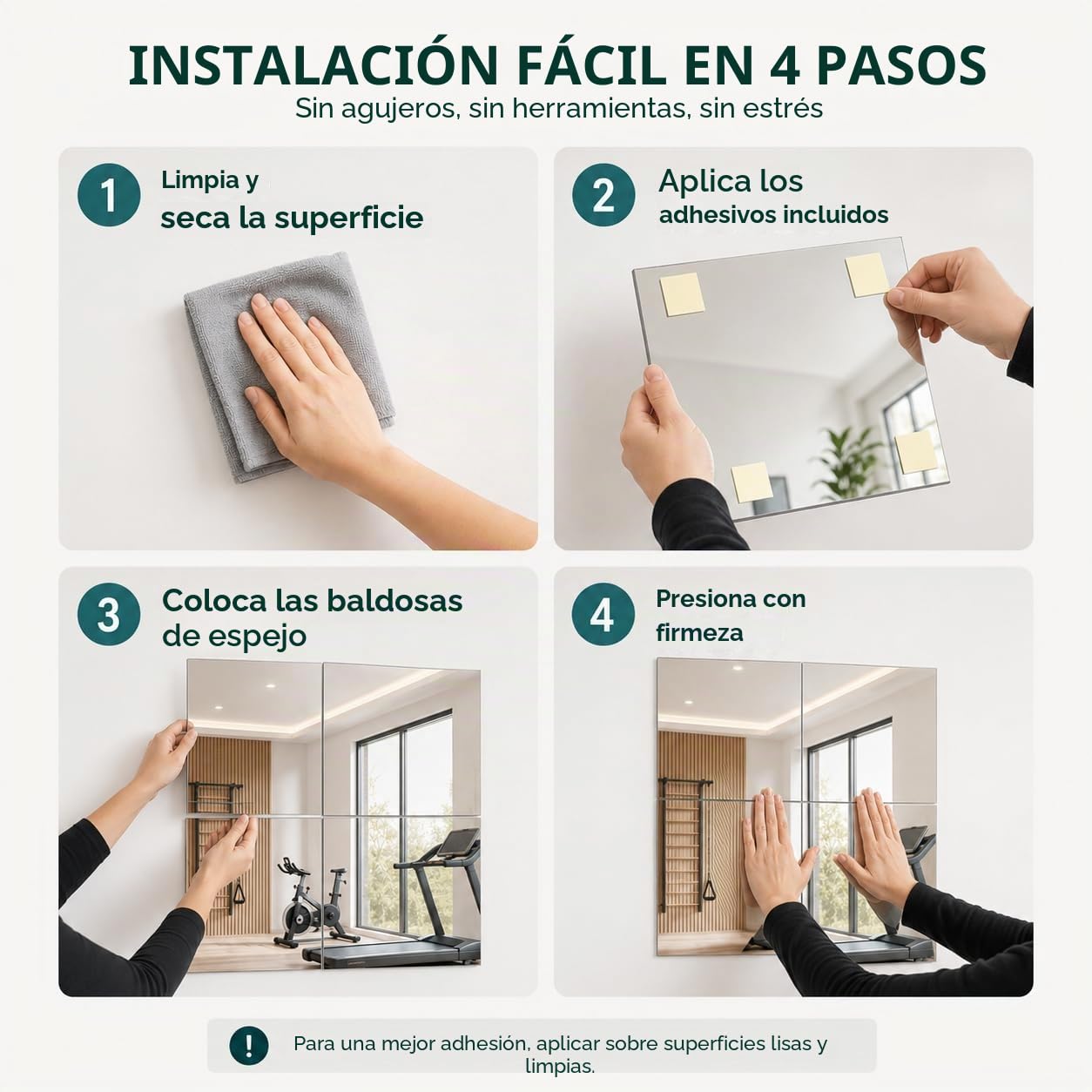 Gimnasio Espejo de Pie Cuerpo Entero 4 Piezas Espejos Grandes de Pared para Gimnasio Garaje Yoga Estudio de Baile y Dormitorio 30x30cm con Montaje Adhesivo