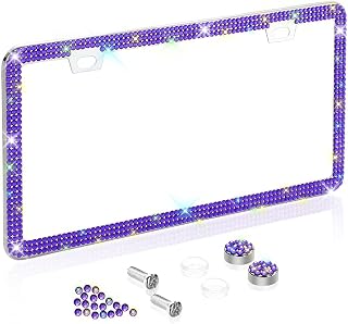 Car Bling License Plate Frame Sparkly 2 Holes 3 Row Acrylic Crystal Stainless Steel Universal License Plate Frame with Screw Caps Covers for US Auto Vehicles (1 Pack, Purple)