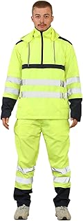 Janisramone Men's Hi Vis Rain Suit, Hi-Vis Jacket, Hoodie, Elastic Waist, Waterproof Trousers, Men's Work Rainwear Set