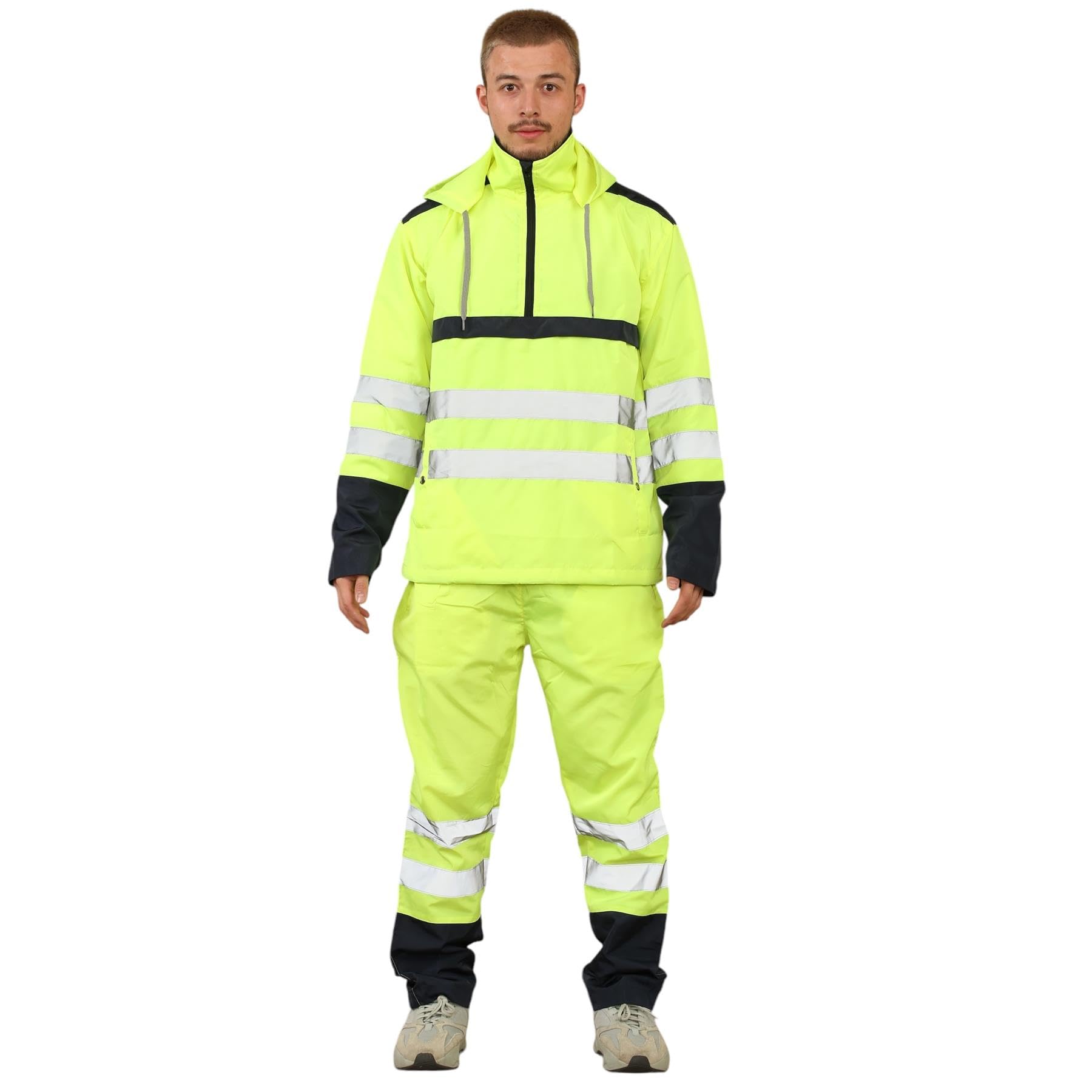 Męski kombinezon przeciwdeszczowy Hi Vis, robocza kurtka ostrzegawcza z kapturem, wodoodporne spodnie, elastyczna talia, zestaw odzieży przeciwdeszczowej