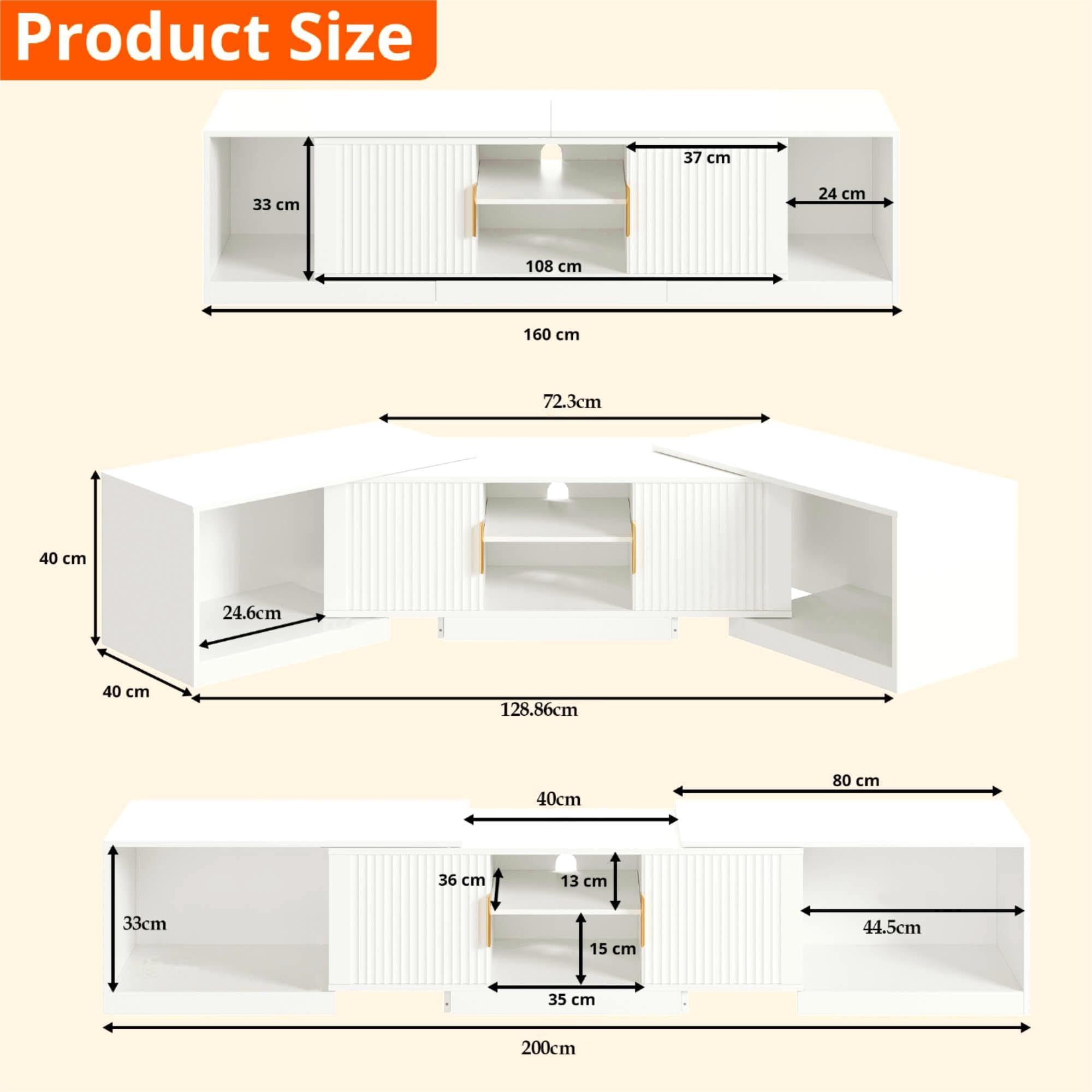 IRONCK Mueble de TV Extensible de 160 a 200 cm, para televisores de 30 a 75 Pulgadas, con Esquina giratoria, de Madera, 2 Puertas y Espacio de Almacenamiento Ajustable, Moderno, para salón, Color