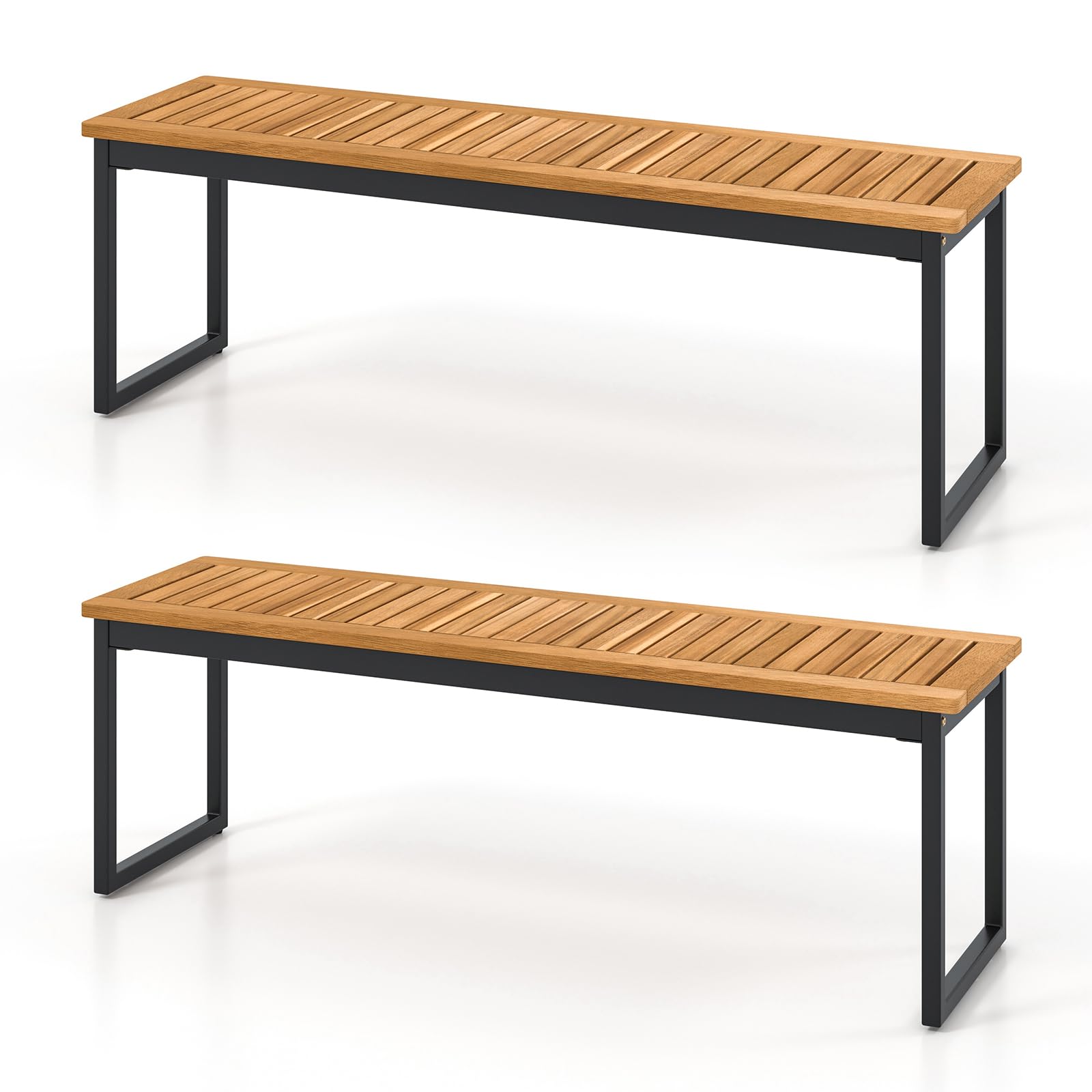 Tangkula Patio Dining Bench Set of 2, 2-3-person Backless Bench with Slatted Seat & Metal Legs, Indoor Outdoor Bench for Entryway, Front Porch, Garden, Poolside, Farmhouse Kitchen Dining Seat