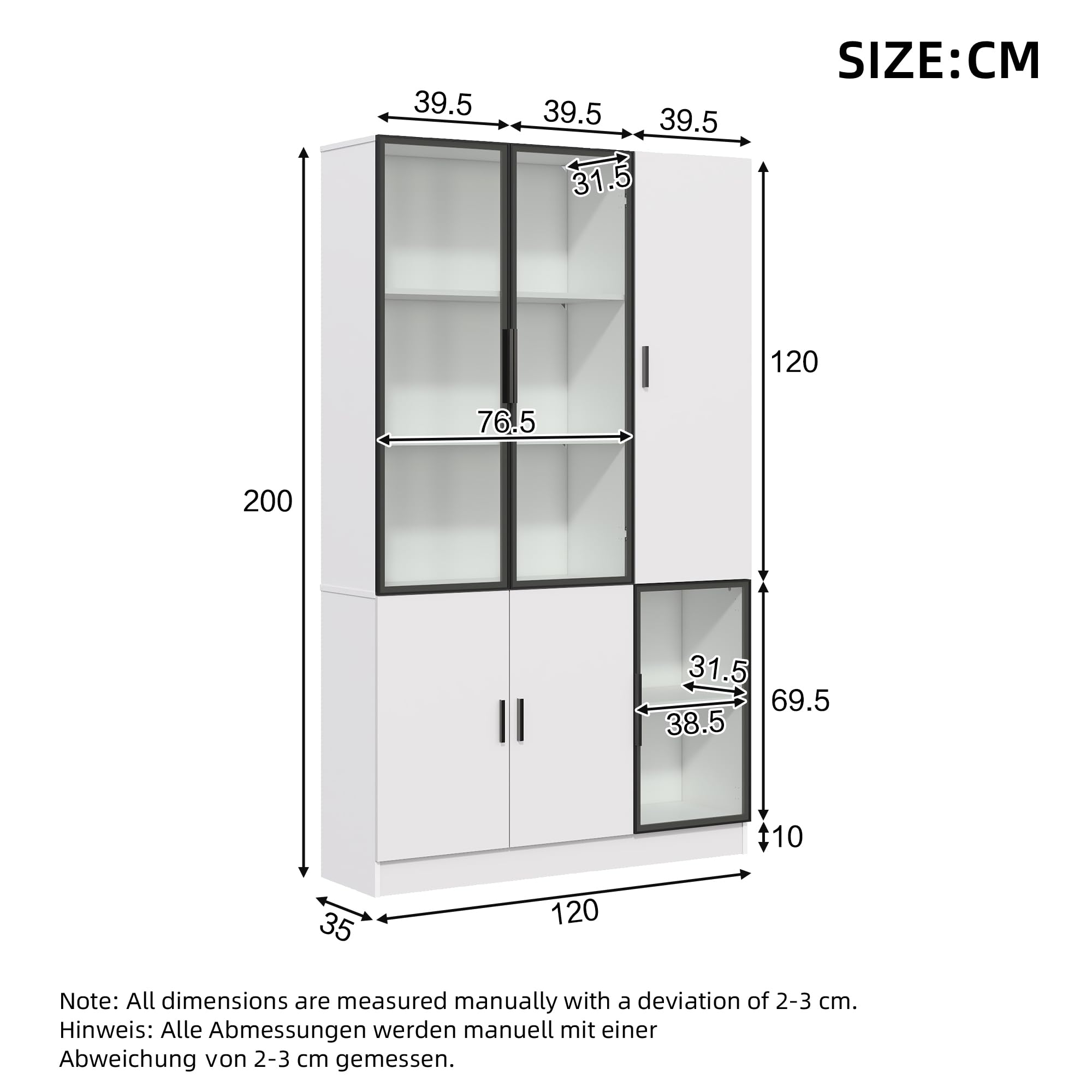 SUKY Vetrina in vetro, 120 x 35 x 200 cm, vetrina in vetro, altezza 200 cm, con luci a LED, multiStorage, libreria con porta in vetro con telaio in alluminio