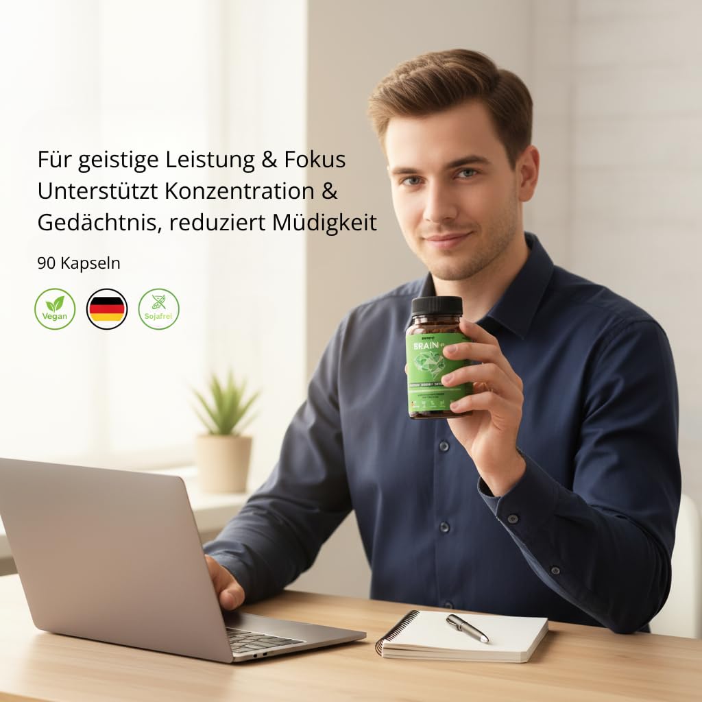 BRAIN+ Fokus & Gedächtnis Komplex - Vitamin B5 für geistige Leistung, Zink für kognitive Funktion, B12 gegen Müdigkeit - mit Cholin, Ginkgo & Ginseng - 90 vegane Kapseln, Made in Germany