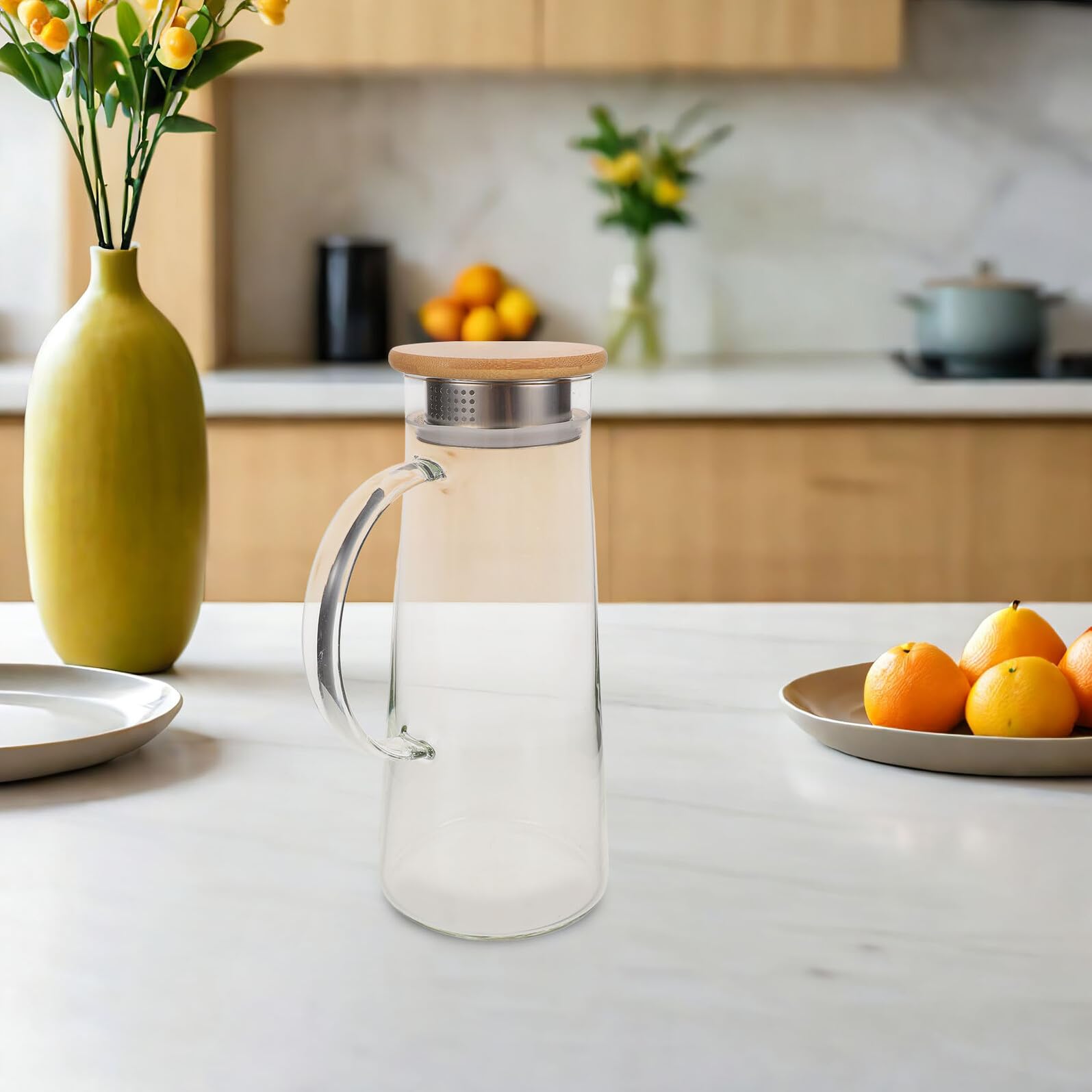 Jarra de Vidrio Borosilicato con Tapa y Antigoteo Gran Capacidad para Bebidas Frías y Calientes Diseño Delgado para Nevera y Uso Mesita de Noche
