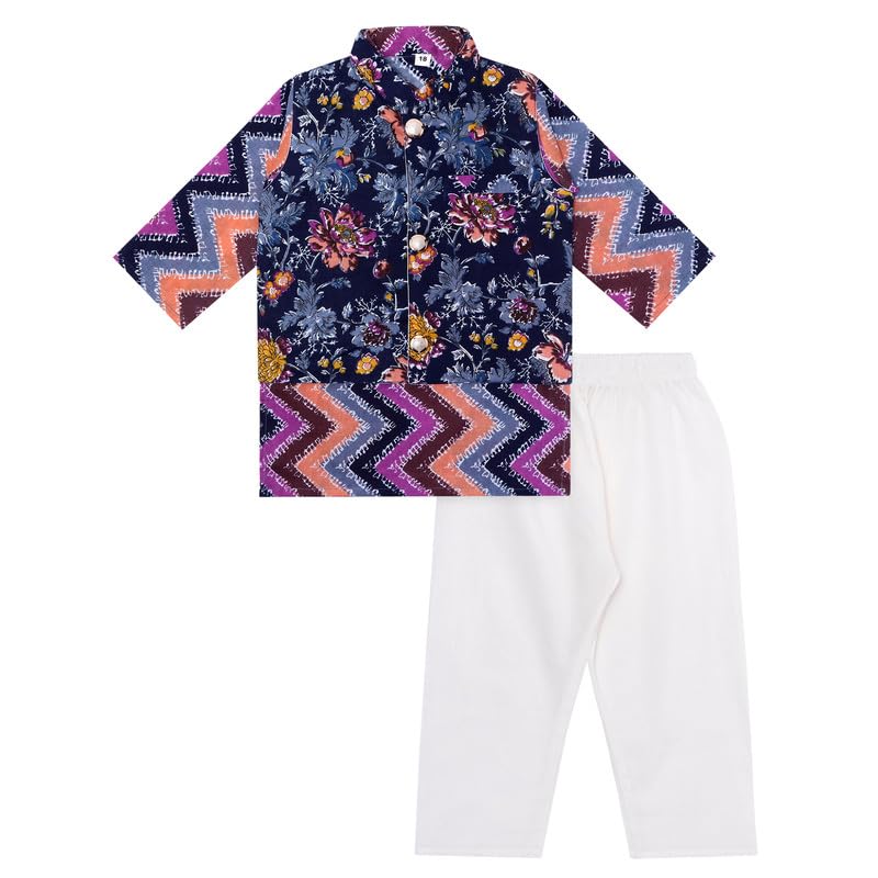 Image of superminis Boys Cotton Printed Full Sleeves Kurta With Ajrakh Printed Jacket and Pyjama Set