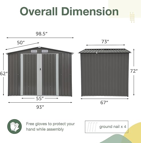 Miniatura 6 de OC Orange-Casual Cobertizo de almacenamiento para exteriores de 8 x 6 pies, cobertizo de herramientas de jardín de metal, cobertizos exteriores y