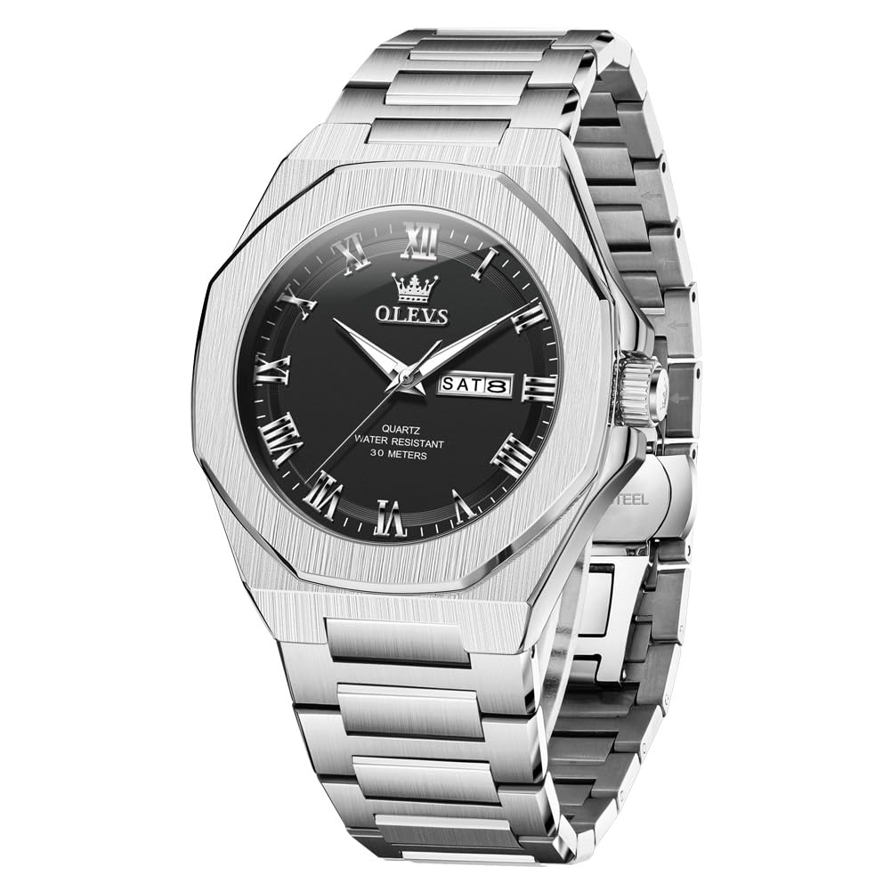 OLEVS Mens Watch Luxury Square Octagonal Stainless Steel Business Dress Wristwatch Roman Numeral Dial Luminous Waterproof