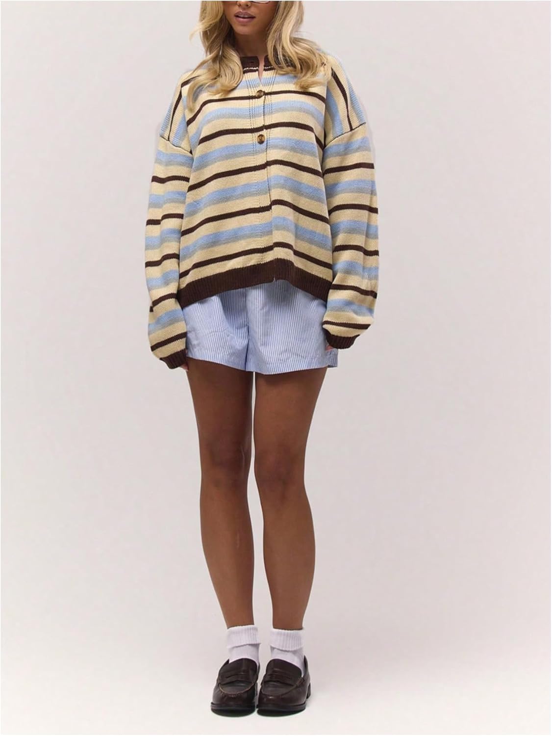 Verdusa Women's Striped Cardigan Sweater Button Up Oversized Sweaters Winter Outfits Knit Outerwear