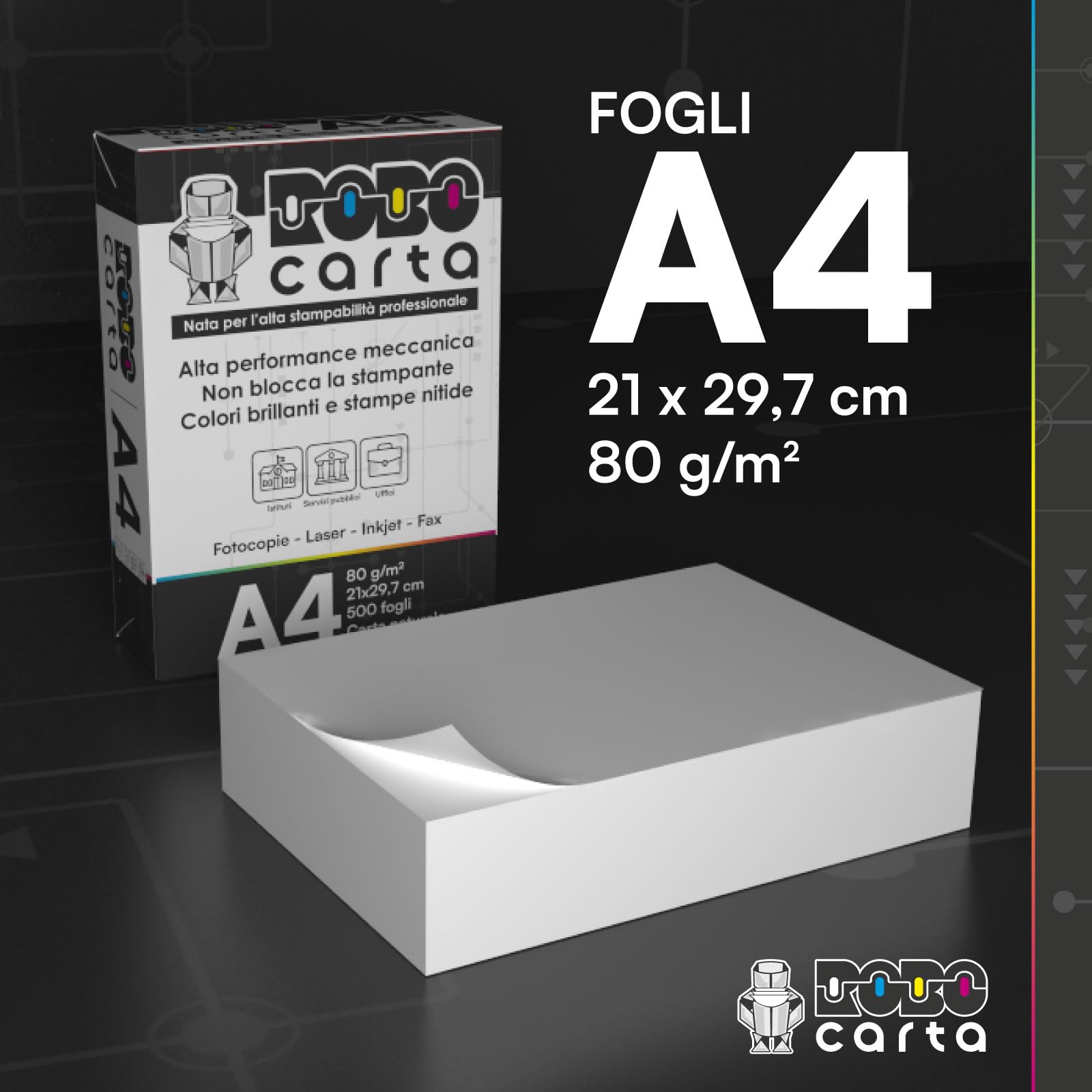 Carta A4 Economica per Stampante, 5 Risme da 500 Fogli - 2500 Totali, RoboCarta da 80gr per Ufficio, Fotocopie, Multiuso