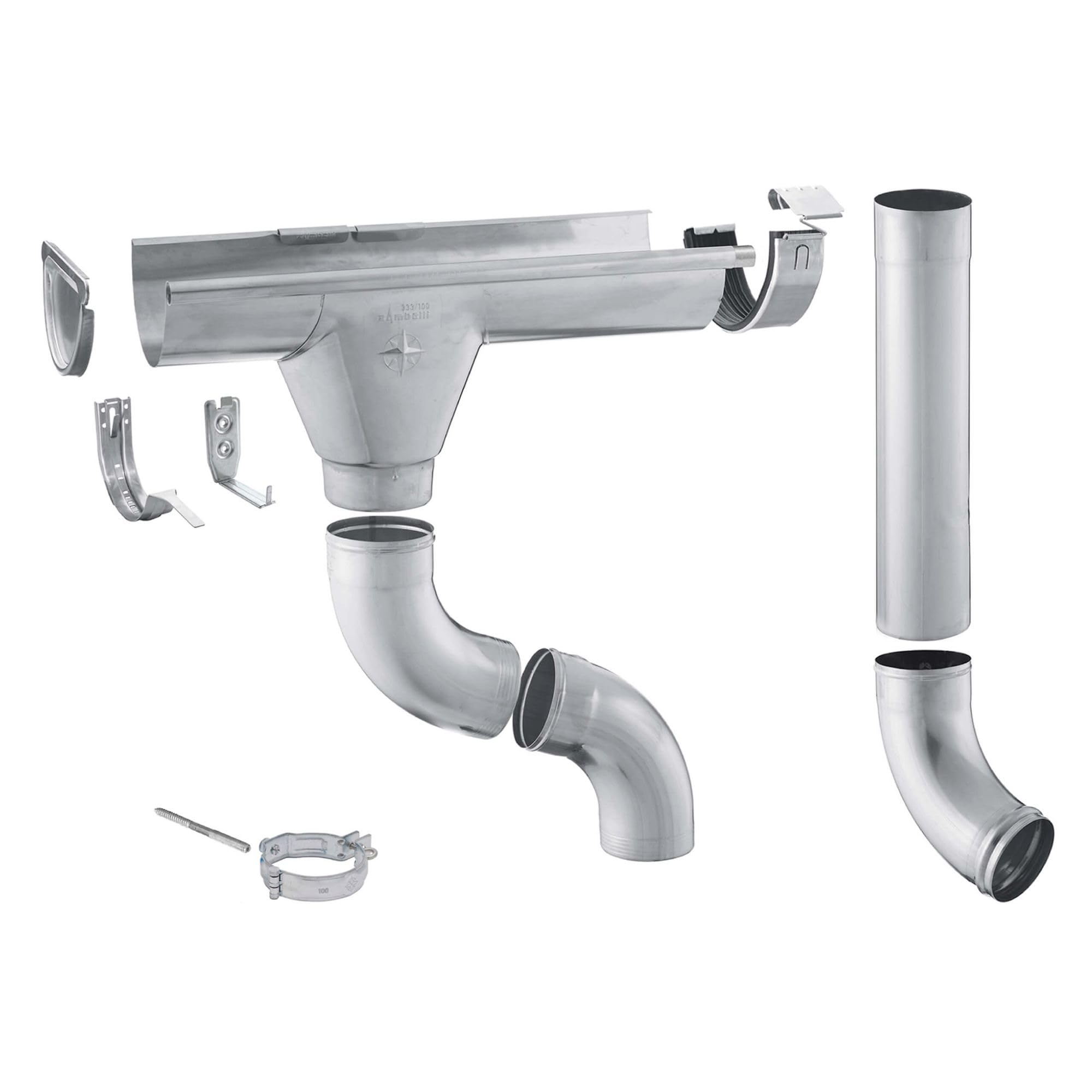 ZAMBELLI Kit de canalón para 1 vertiente 4m, RG333 Plata zinc | Kit de canalón con bajante para tejados de hasta aprox. 150m², montaje sin soldadura, incl. accesorios