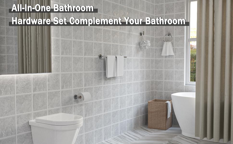 USHOWER 5-Piece Polished Chrome Bathroom Hardware Set, Includes 24 Inch Towel Bar, Modern Bathroom Accessories, Durable 304 Stainless Steel