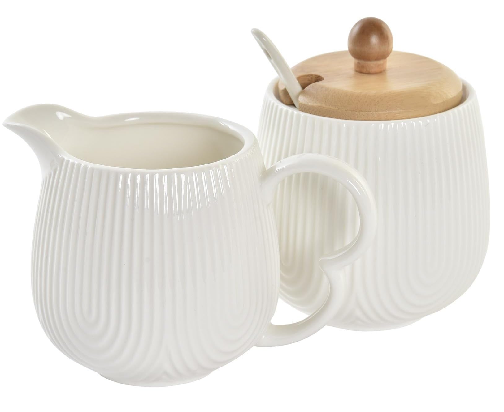 Set Azucarero con Cucharilla y Jarrita Lechera Porcelana Blanco con Soporte Madera Nordico -Jarra y Lechera para Mesa Cocina