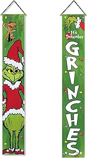 Christmas Grinch Banner for Front Door, Christmas Grinch Door Banner, Christmas Winter Holiday Hanging Banner Flag, Outdoor Xmas Decor Green Grinch Banner for Wall, Front Door Porch, 180 * 30cm