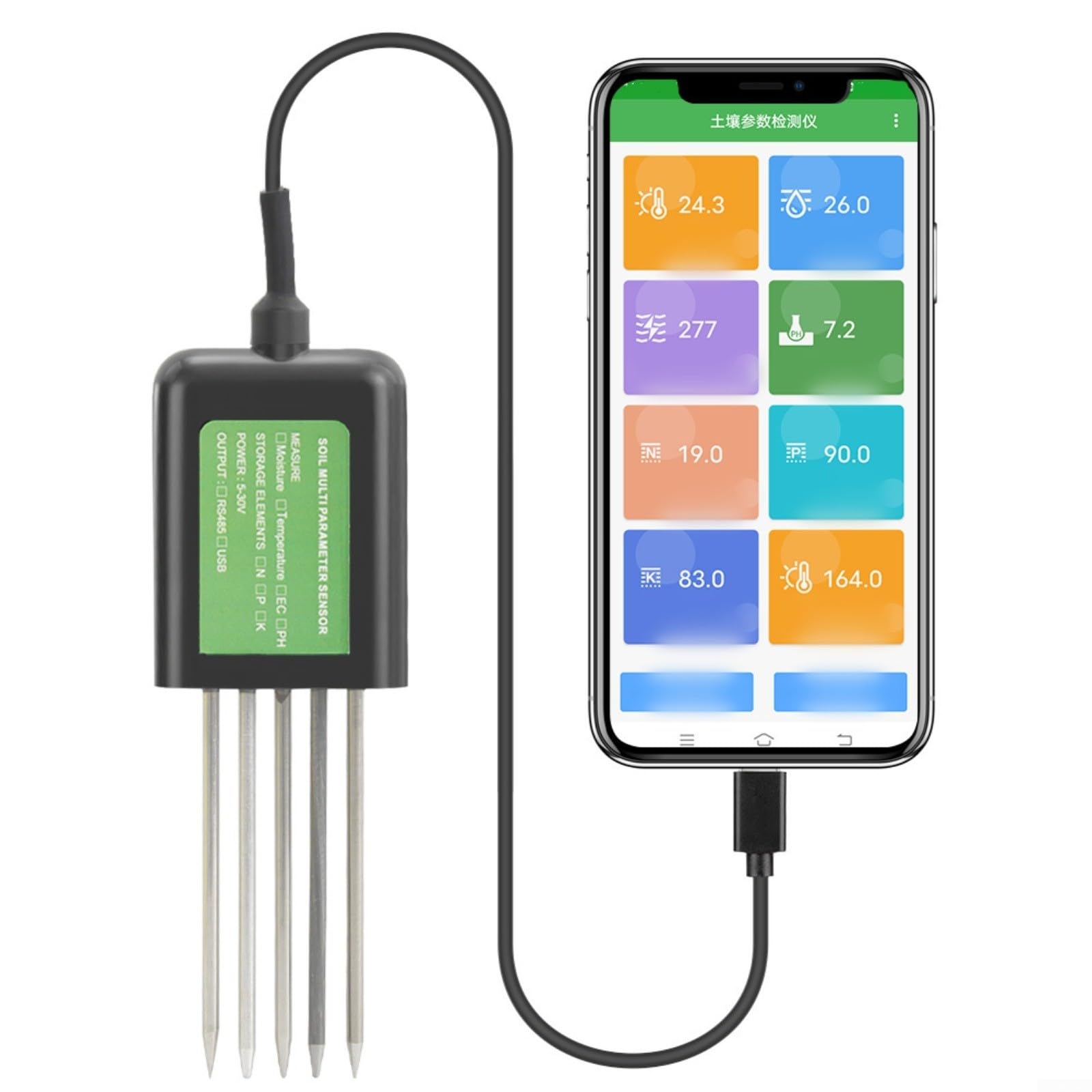 Sonde de sol USB 8 en 1, testeur de sol, avec pH de la température, humidité et mesure NPK, étanche IP68 pour Android, agriculture, jardinage, aménagement paysager
