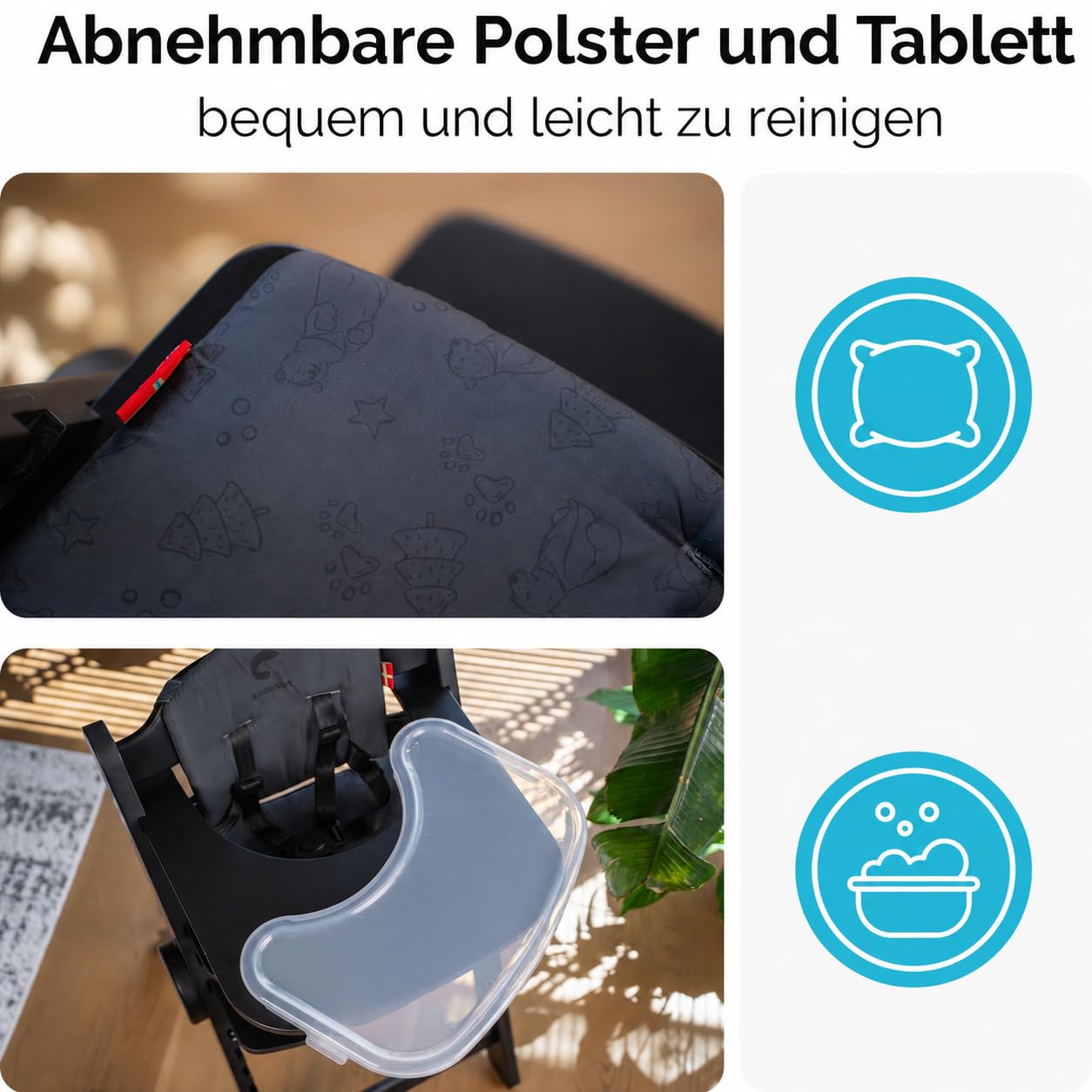 Drömmer Unique Trona Bebé Plegable con Bandeja Doble Extraíble Compacta Asiento y Reposapiés Regulables Arnés de 5 Puntos Cojín Desenfundable Evolutiva para Uso Diario en Casa negro
