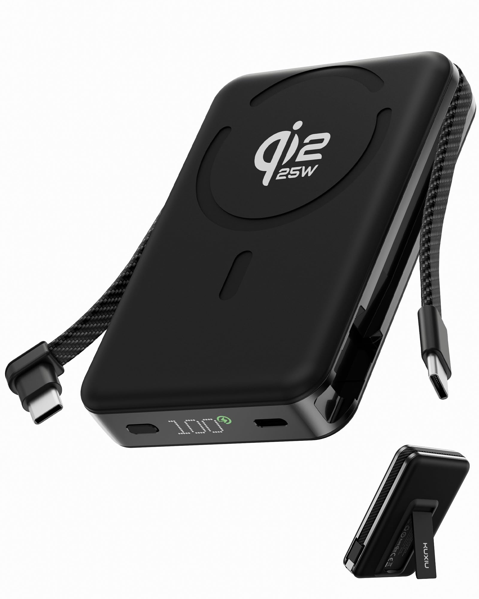 KU XIU 25W Qi2.2-Certificado Estado-Sólido Bateria Externa Carga Rapida para MagSafe, 10 000 mAh Power Bank Magnetico con Cable y Soporte Integrado, Bateria Portatil para iPhone 17/16/15/14/13 Series | 25W inalámbrico, PD 35W carga rápida, cable USB-C int