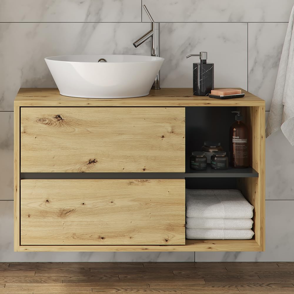 Vicco Waschbeckenunterschrank Viola, Artisan-Eiche, 100 x 60 cm, mit Siphonaussparung und offenen Ablagen zur Wandmontage