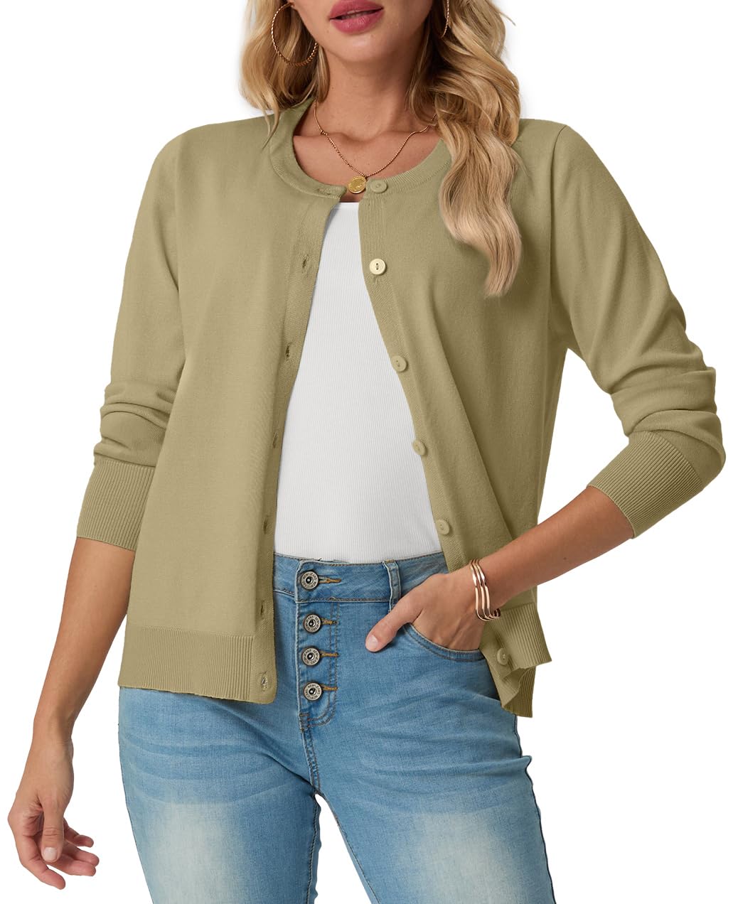GRECERELLE Cárdigan suave de verano para mujer, bonito y ligero, cuello redondo, manga larga, suéter de punto sólido, suéteres casuales con botones para mujer, noches de verano y citas