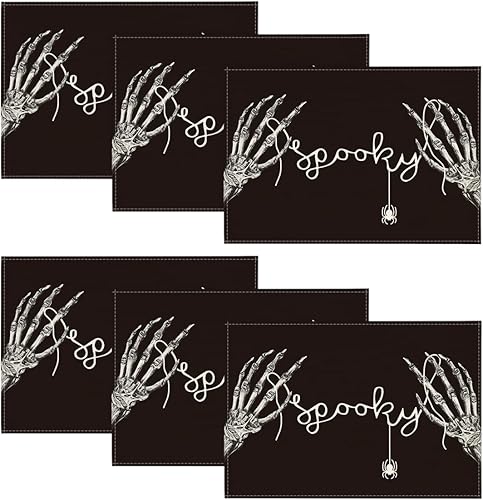 Artoid Mode Juego de 6 manteles individuales espeluznantes de Halloween de esqueleto, 12 x 18 pulgadas, manteles individuales de araña florales de