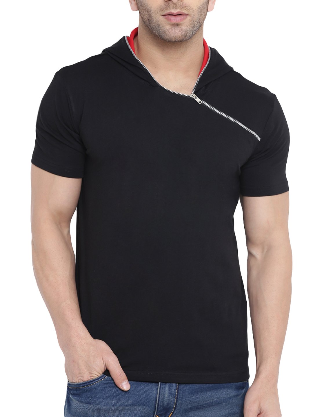 GRITSTONES Men's Black/Red Half Sleeves Side Zip Hooded T Shirt-GSHSHDZIP1291BLKRED