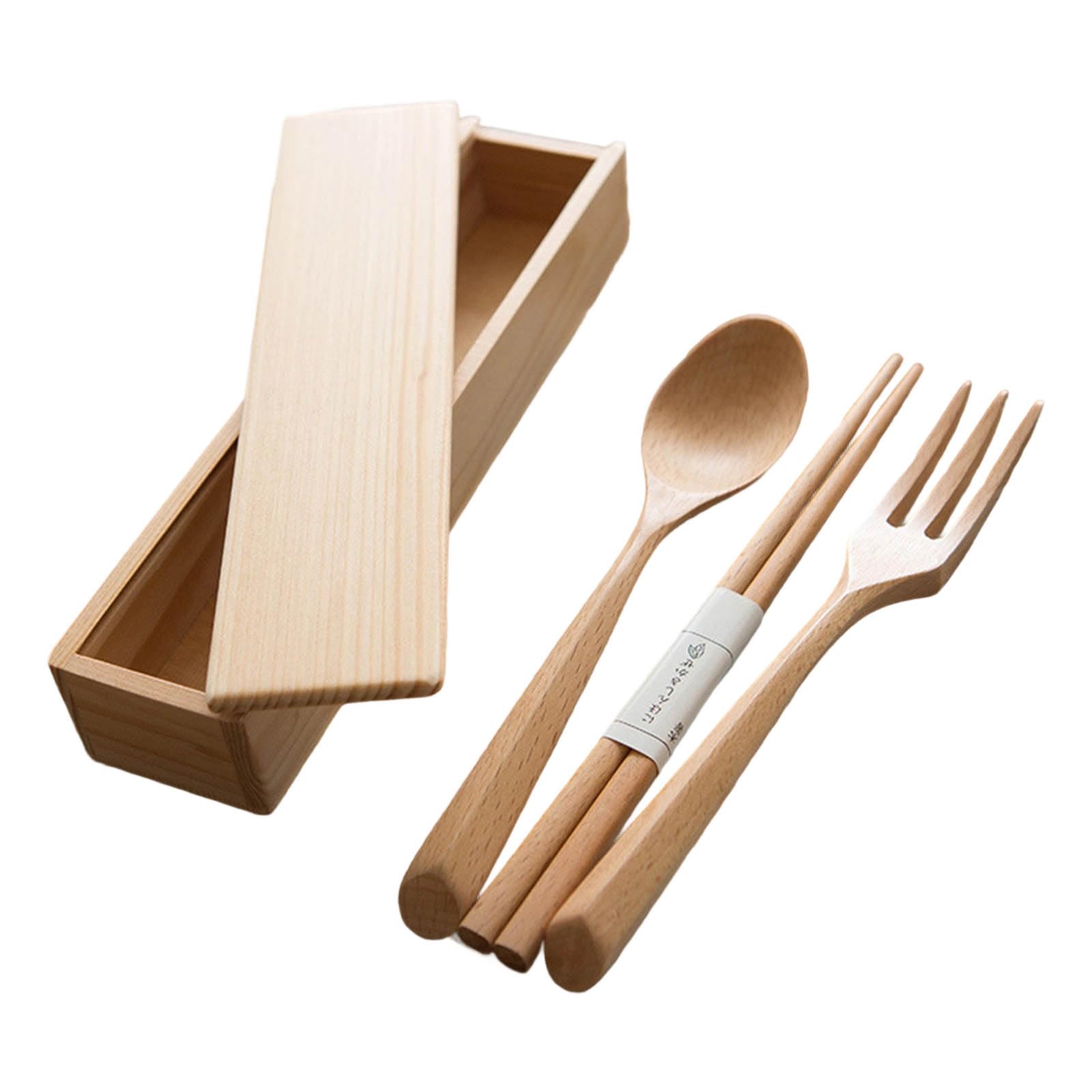 Qusinfc Natural Wooden Utensils Set with Fork Spoon Chopsticks Compact Travel Essential for School Outdoor Dining Natural Wooden Utensils Set with Fork Spoon Chopsticks Compact Travel Essential