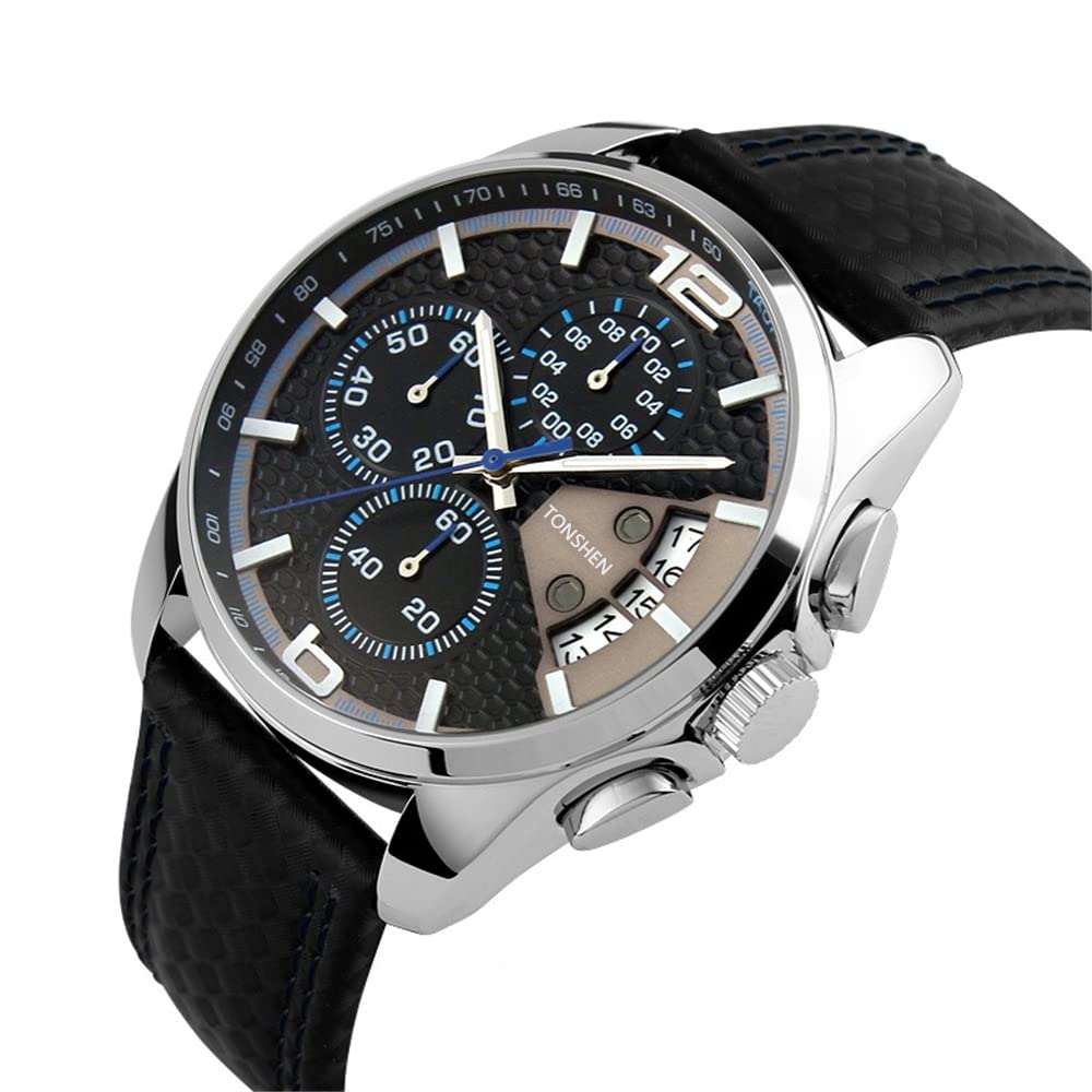 TONSHEN Herrenuhr Sportuhr Analog Uhr Leder Band mit Edelstahl Lünette Quarz Uhr Mode Klein Zifferblatt Doppel Zeit Datum Armbanduhr Casual Business Uhren