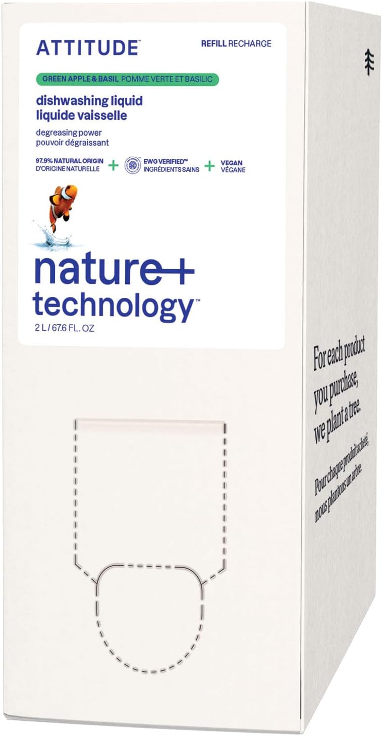Dish Soap Refill, EWG Verified, Plant-Based & Vegan Dishwashing Liquid, Naturally Derived, Green Apple & Basil Scent, 67.6 Fl Oz