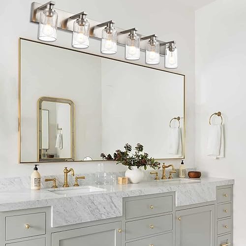 Miniatura 8 de Lámparas de tocador de baño, 4 luces, pantalla cilíndrica de vidrio sembrado, moderno aplique de pared de granja, luces de tocador de baño sobre