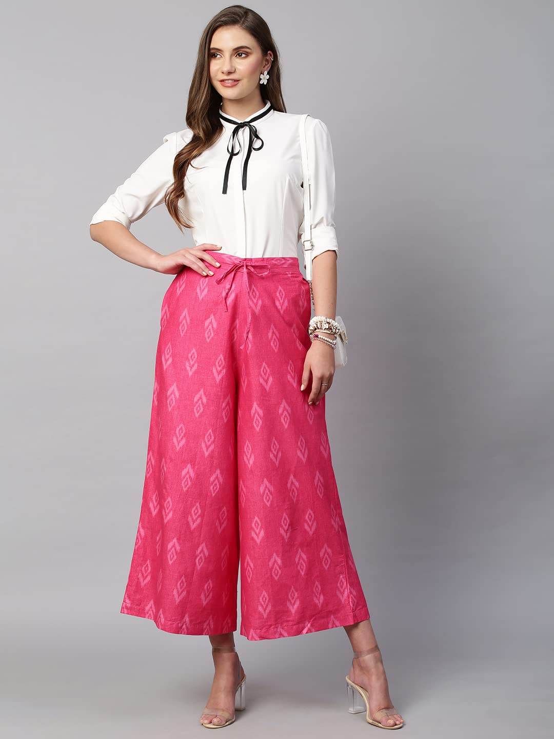 RATAN Women's Cotton Mid Rise Printed Loose Fit Flared Wide Leg Palazzo Pants (CFP-Rani Pink-X-Large) - Image 2 thumbnail