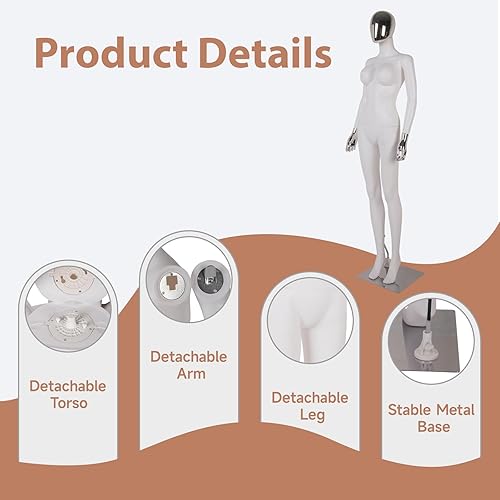 Miniatura 5 de Kinfant Maniquí femenino de cuerpo completo, blanco y plateado, elegante maniquí femenino alto con base de metal estable, pantalla de forma de