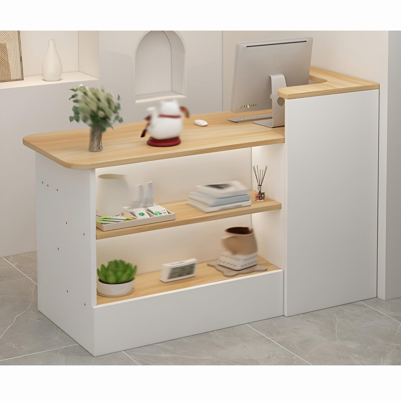 Piccola Reception,Reception Moderna,Bancone Retail,Reception Barbiere,Ufficio Salone, Sala Ricevimenti,Negozio di Abbigliamento，Bancone Cassa per Negozio(Walnut/Right,140x100x45cm)