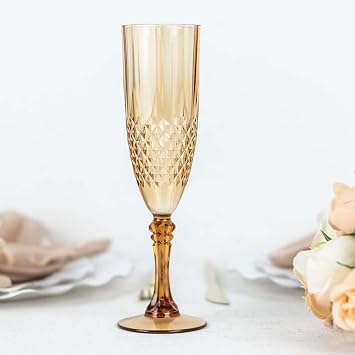 6-Pack Champagne Glasses, 8oz Shatterproof Plastic Crystal Cut Toast Flutes, Amber Gold for Party Celebration Wedding