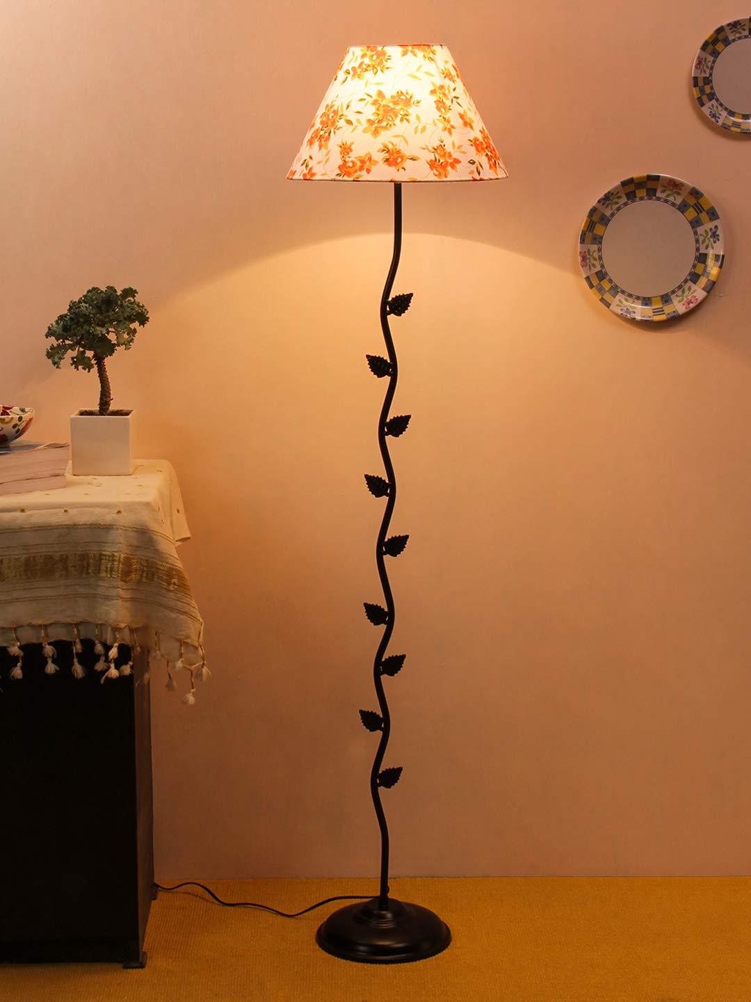 Devansh Conical Orange Cotton Printed Shade Leaf Floor Lamp with Black Base