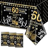 3 Pack 60th Birthday Tablecloth，Disposable Plastic Black and Gold Tablecloth,Waterproof Rectangular