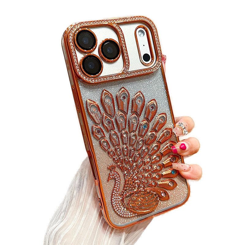Image of mobistyle Designed for iPhone 17 Pro,3D Diamond Luxury Electroplate Glitter Peacock Tail Bling Design Camera Protection Shockproof Phone Back Cover Case for (Orange, iPhone 17 Pro)