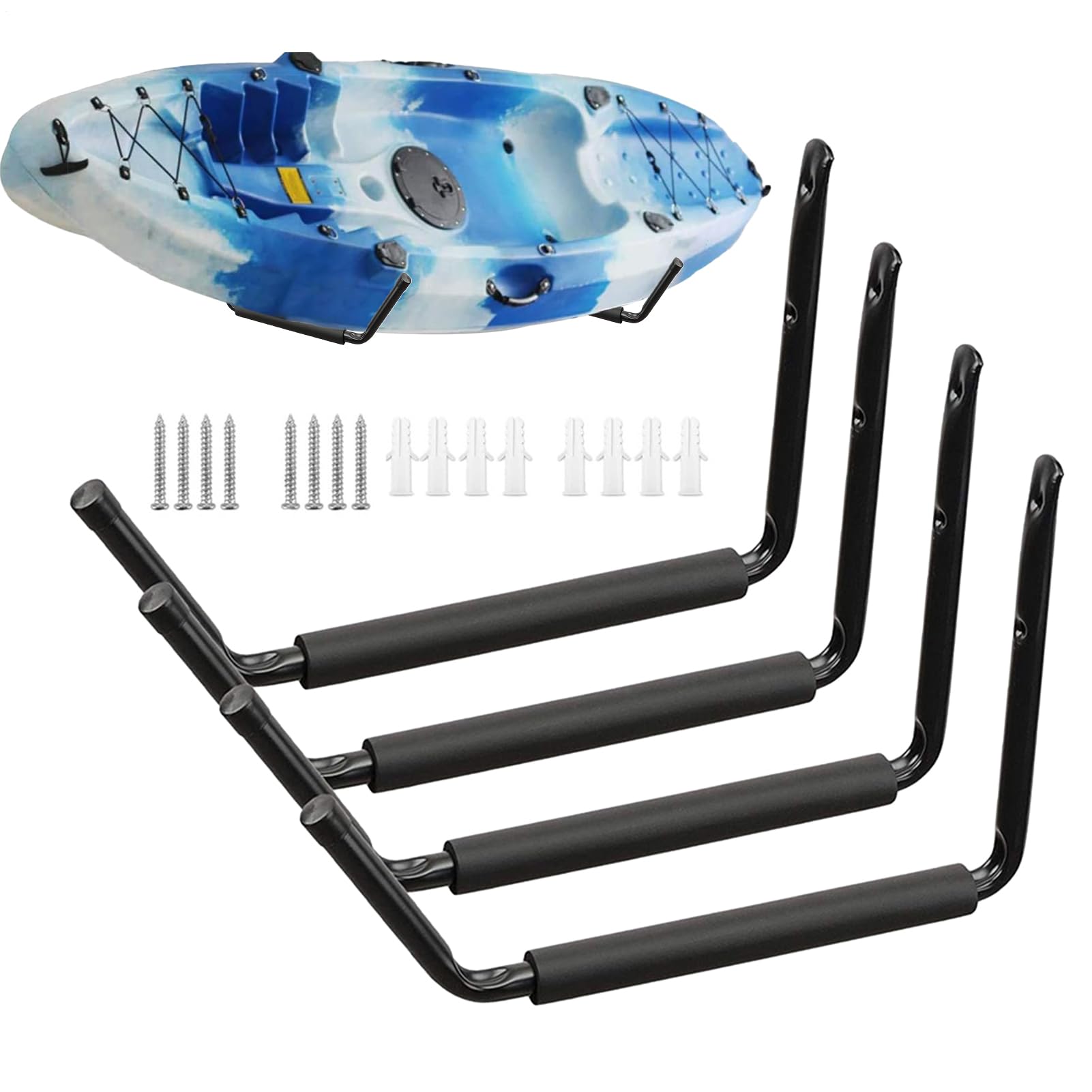Rack de kayak montado en la pared, soporte de pared de kayak | Estante de tabla de surf de metal,4x ganchos de pared de garaje, perchas de almacenamiento de servicios públicos para canoas surf