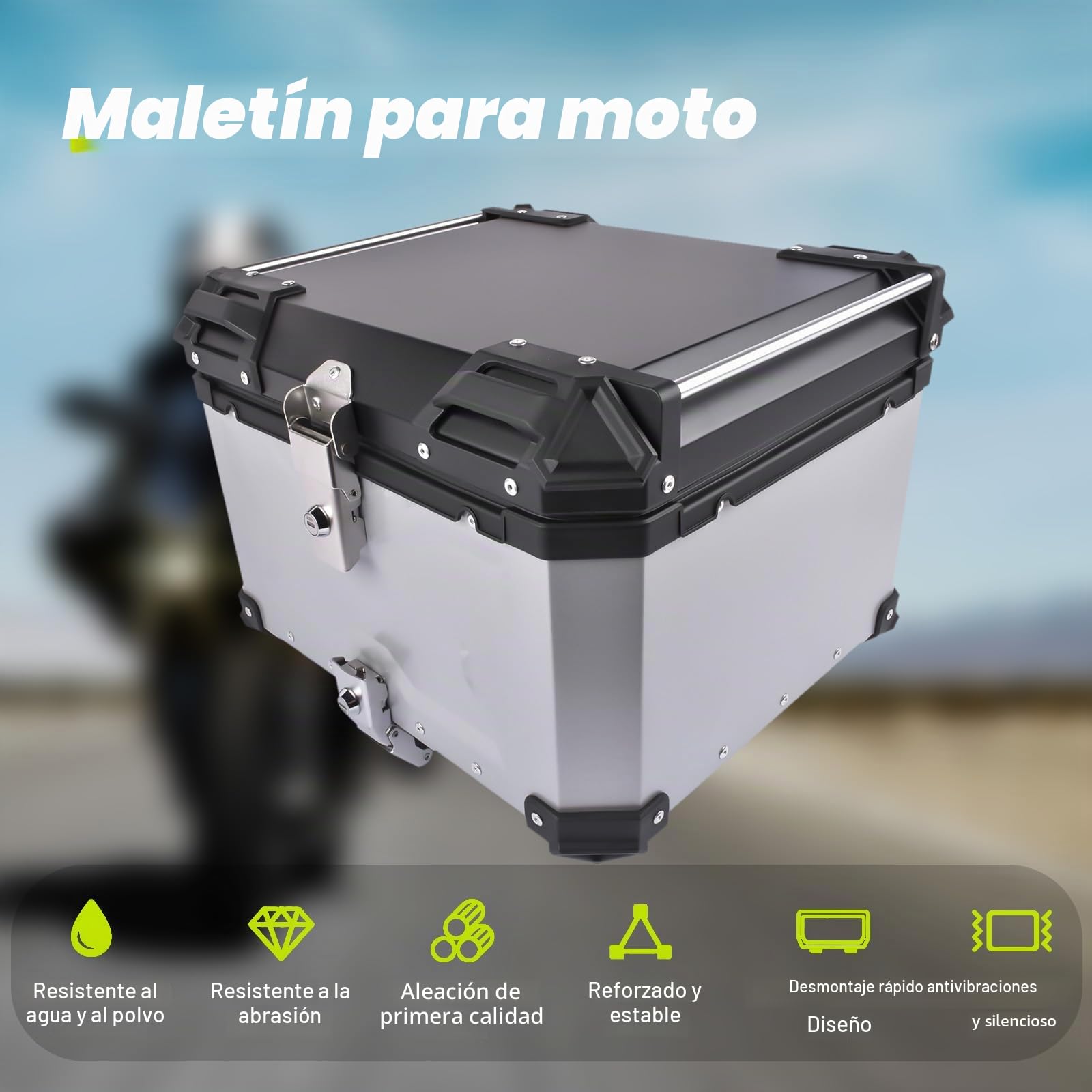 Bisenya 55l Motocicleta Top Case, Aluminio Motocicleta Tour Tail Box con Cerradura De Seguridad Plata Impermeable