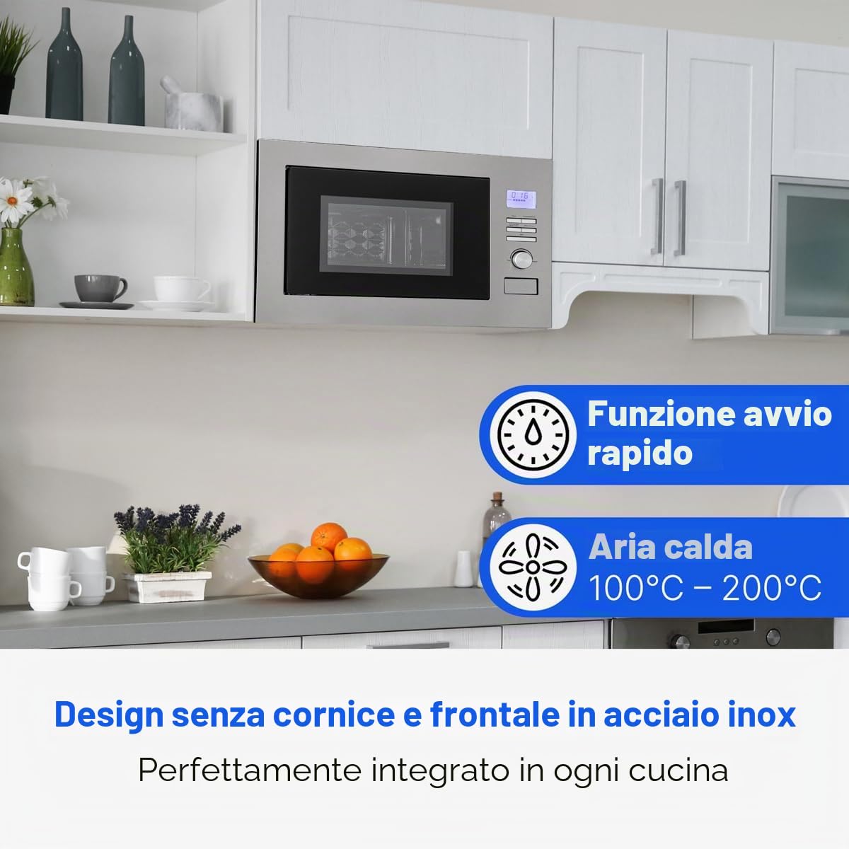 Bomann MWG3001HEB Microonde 3 in 1 da incasso con griglia e aria calda, display LCD, 8 programmi automatici, funzione timer, 25 l, parte anteriore e interno, argento